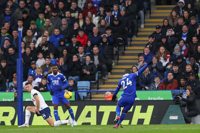 Nampalys Mendy pictured (right) shooting to score his first ever goal for Leicester City during an EPL game against Tottenham in February 2023